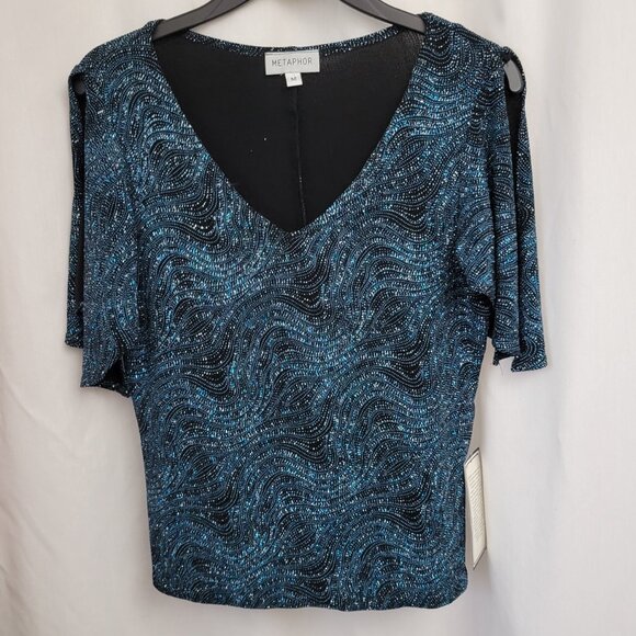 NWT Metaphor Sparkle Metallic blouse blue V-neck open sleeve dressy sparkly NEW - Picture 3 of 10